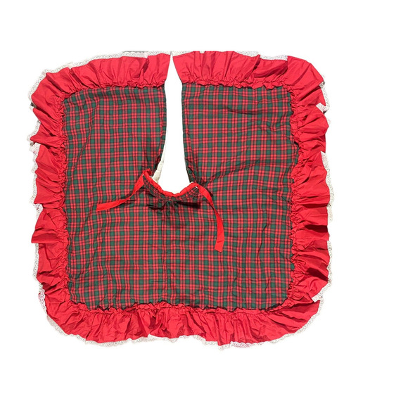Christmas Tree Skirt Plaid Classic Red w Ruffle Edge Lined With Ties XL 52 x 52 - Picture 1 of 10